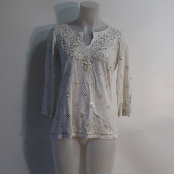 Womens Calypso St. Barth 100% Linen Off White Sequin Design Top S - Picture 1 of 9